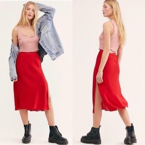 Free People Women's Ruffle A-Line Straight Midi Skirt Side Slit Red Size Small